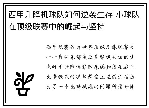 西甲升降机球队如何逆袭生存 小球队在顶级联赛中的崛起与坚持