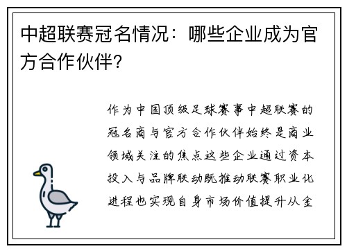 中超联赛冠名情况：哪些企业成为官方合作伙伴？