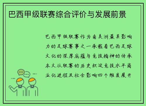 巴西甲级联赛综合评价与发展前景